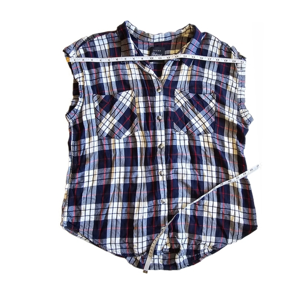 Jachs Navy Plaid Print Loose Fit Short Sleeve Blouse Top Womens - Picture 9 of 11